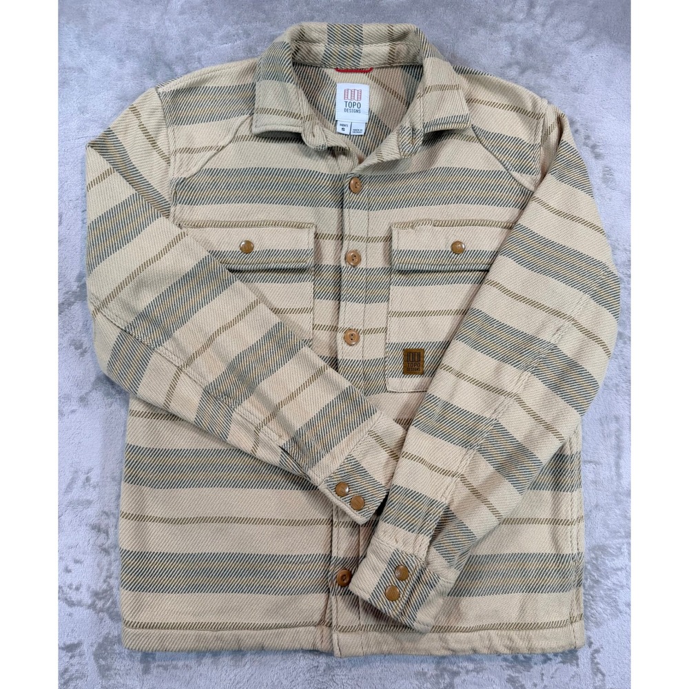 Topo Designs Mens 100% Cotton Mountain Shirt Jacket Sahara Stripe Tan Small